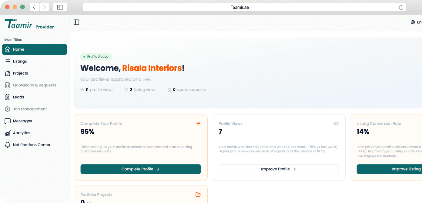 Provider dashboard preview showing business profile and performance widgets